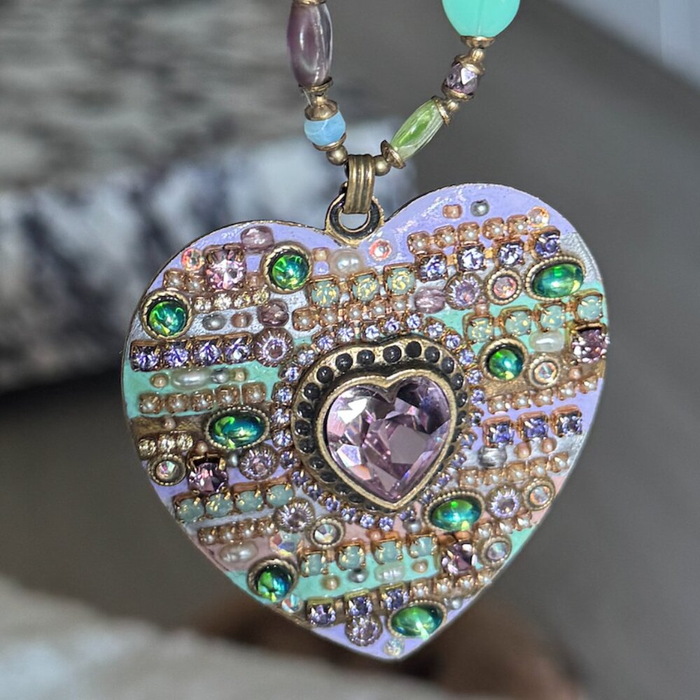 Michal Golan Amethyst Heart Necklace with Multicolored Beads. - Picture 2 of 9